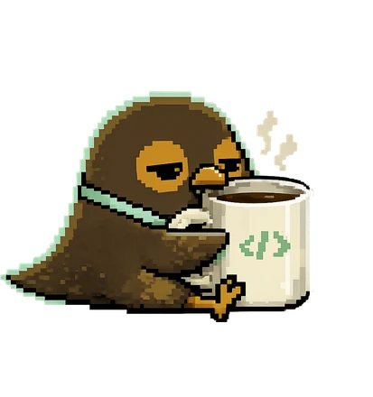 Chiwi con una taza de café de programador