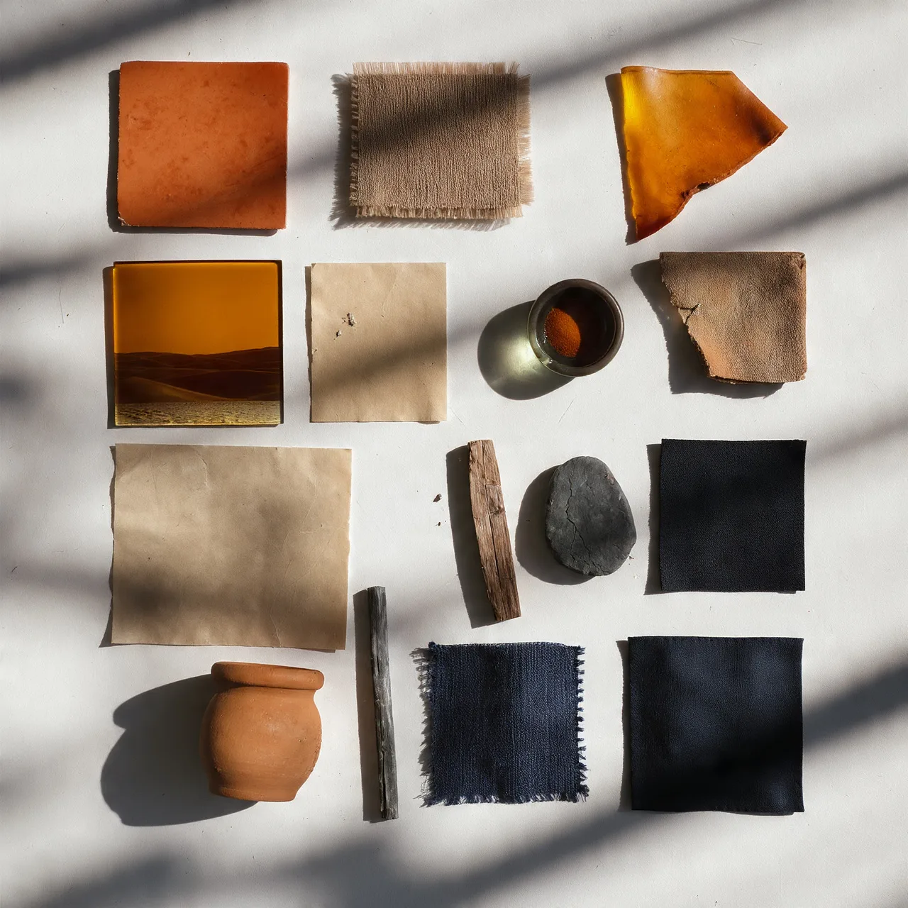 Paleta de identidad construida con materiales reales: terracota, ámbar, fibras y textiles